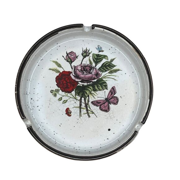 None and/or Unknown Other - Vintage MCM Speckled Brown Butterfly & Floral Motif Ashtray Stoneware Japan Boho